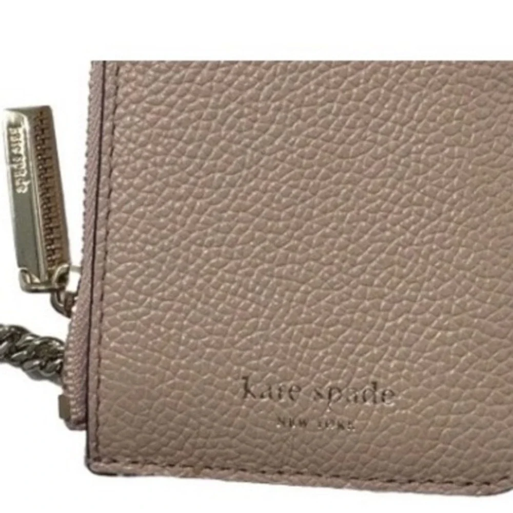 Kate Spade New York Pebbled Leather Zip Card Holder Key‎ Ring Taupe Mauve 11-11